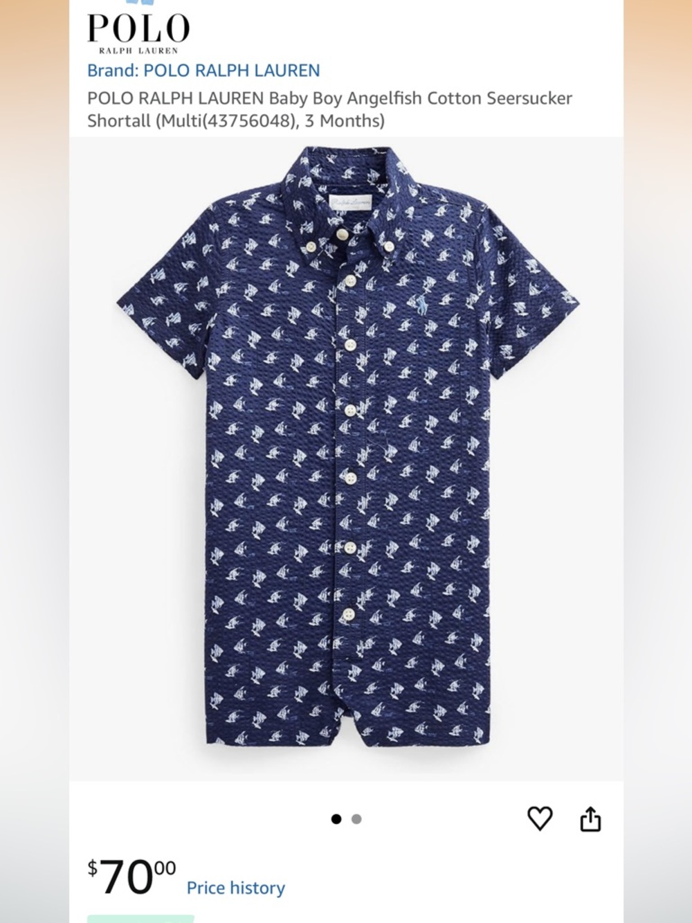 NWT-Ralph Lauren baby boy Angelfish cotton seersucker shortall 24M